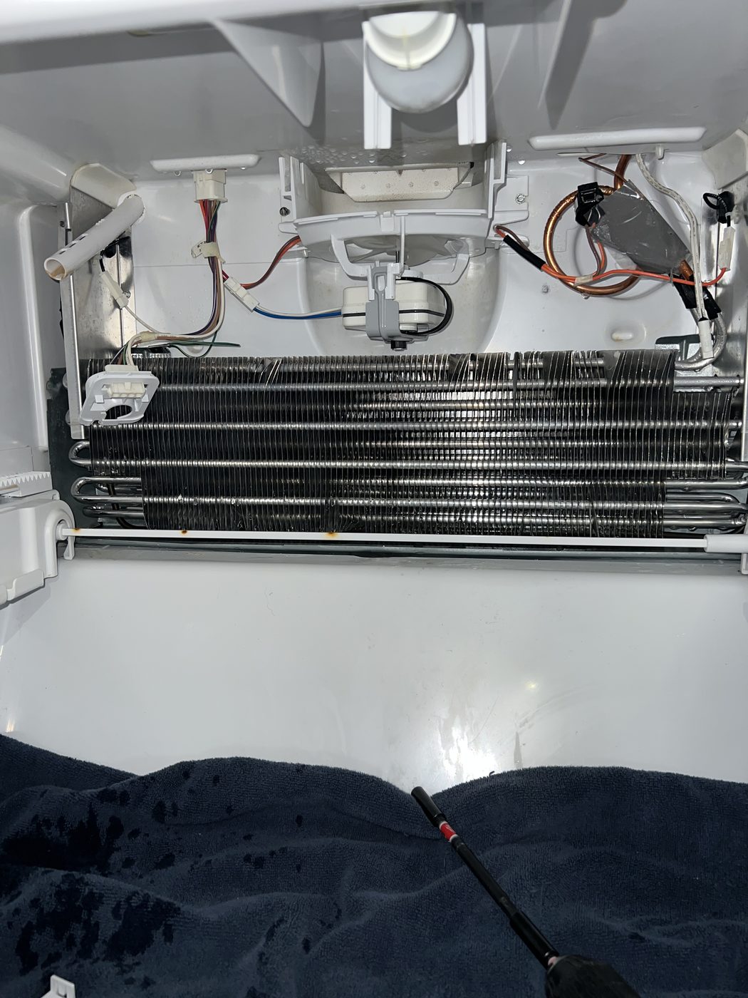 Refrigerator evaporator coils serviced during a cooling repair